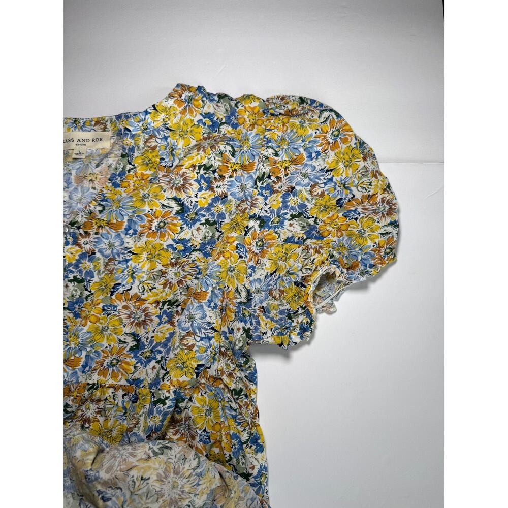 Brass and Roe Floral Mini Dress Women Large Boho Cottagecore Tiered Yellow/Blue - Picture 7 of 13